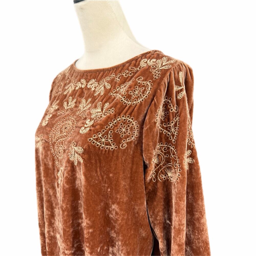 J. Jill Brown Embroidered Velvet Boho Fall Paisley Chic Prairiecore Blouse Top - Picture 6 of 11